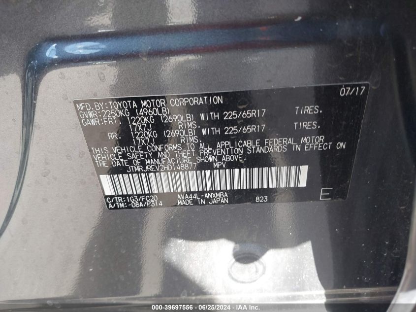 2017 Toyota Rav4 Hybrid Xle VIN: JTMRJREV2HD148877 Lot: 39697556
