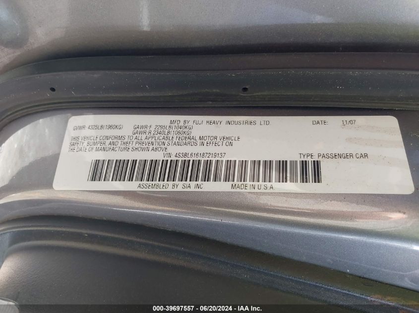 2008 Subaru Legacy 2.5I VIN: 4S3BL616187219137 Lot: 39697557