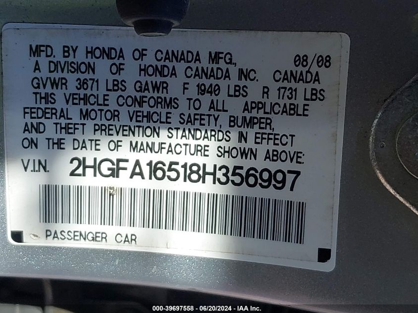 2008 Honda Civic Lx VIN: 2HGFA16518H356997 Lot: 39697558