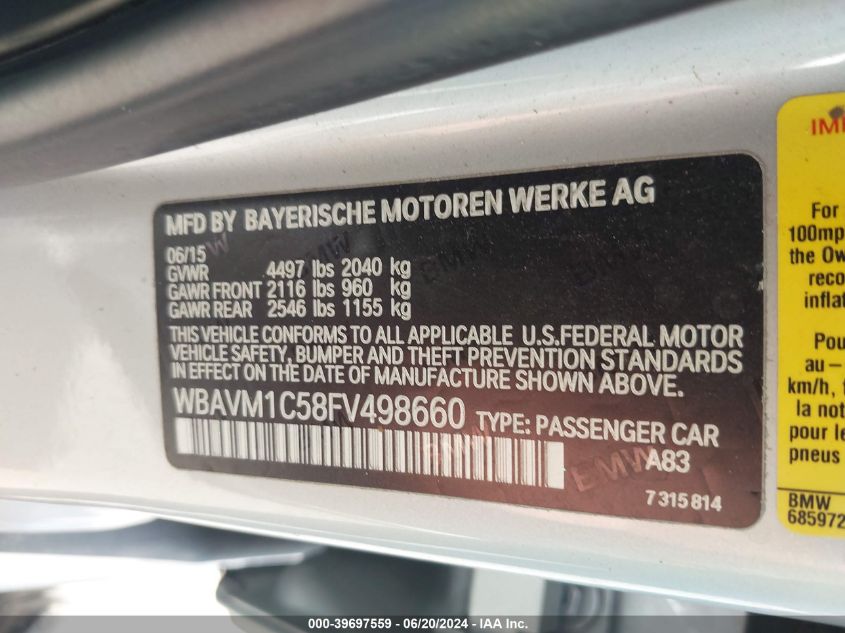 2015 BMW X1 Sdrive28I VIN: WBAVM1C58FV498660 Lot: 39697559