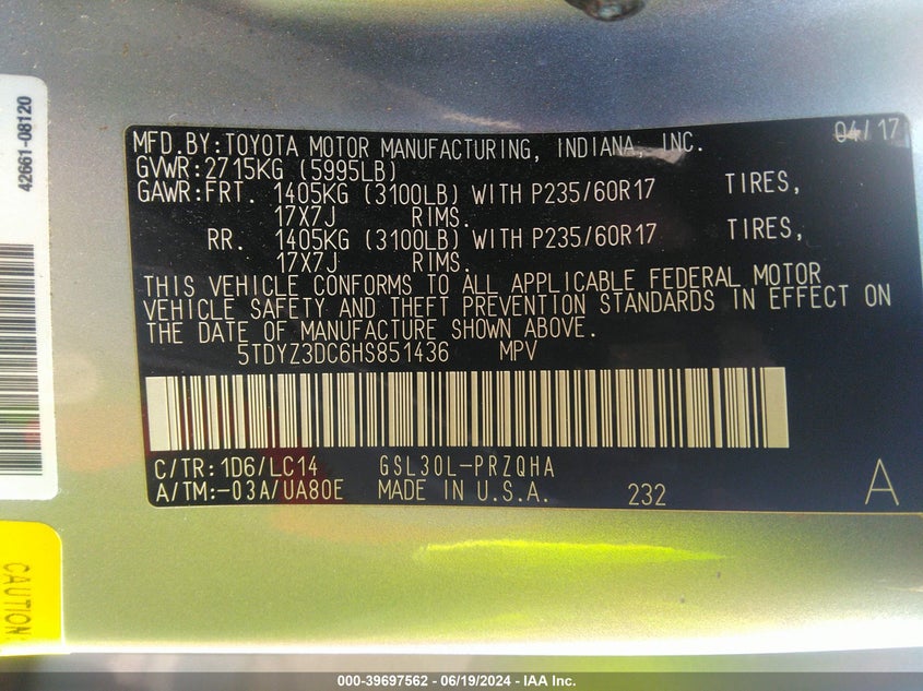 2017 Toyota Sienna Xle Premium 8 Passenger VIN: 5TDYZ3DC6HS851436 Lot: 39697562