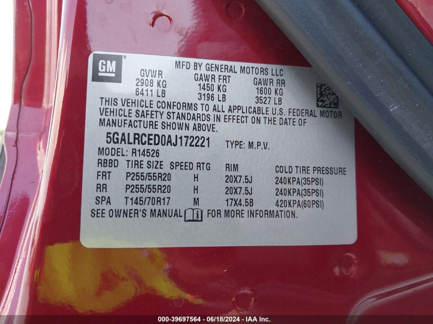 2010 Buick Enclave 2Xl VIN: 5GALRCED0AJ172221 Lot: 39697564