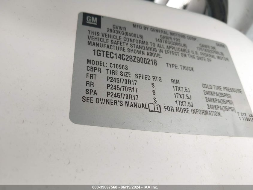 2008 GMC Sierra 1500 Work Truck VIN: 1GTEC14C28Z900218 Lot: 39697568