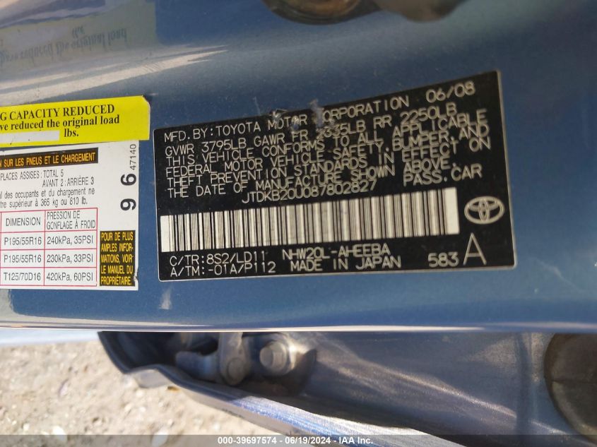 2008 Toyota Prius Touring VIN: JTDKB20U087802827 Lot: 39697574