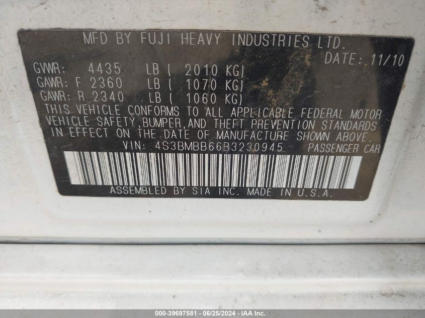 2011 Subaru Legacy 2.5I Premium VIN: 4S3BMBB66B3230945 Lot: 39697581