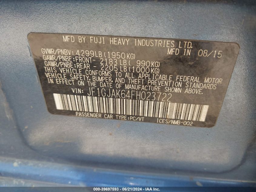 2015 Subaru Impreza 2.0I Premium VIN: JF1GJAK64FH023722 Lot: 39697593