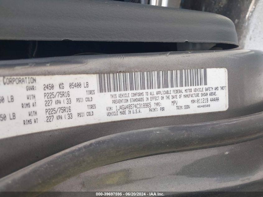 2004 Jeep Grand Cherokee Laredo VIN: 1J4GW48S74C318965 Lot: 39697595