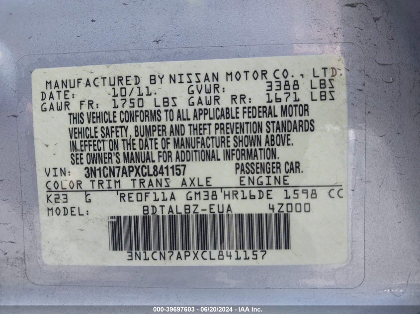 2012 Nissan Versa 1.6 Sv VIN: 3N1CN7APXCL841157 Lot: 39697603