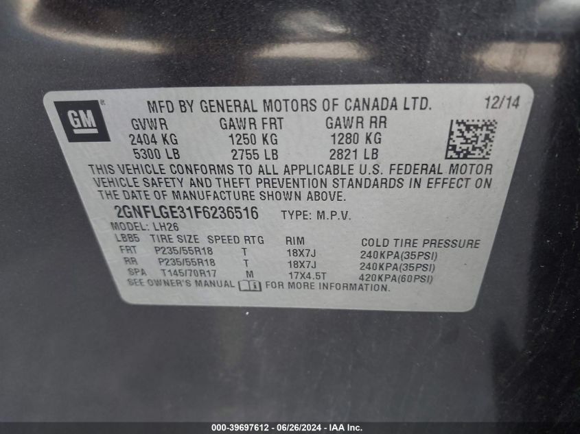 2015 Chevrolet Equinox 2Lt VIN: 2GNFLGE31F6236516 Lot: 39697612