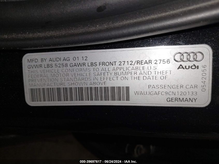 2012 Audi A6 3.0 Premium VIN: WAUJGAFC9CN120133 Lot: 39697617