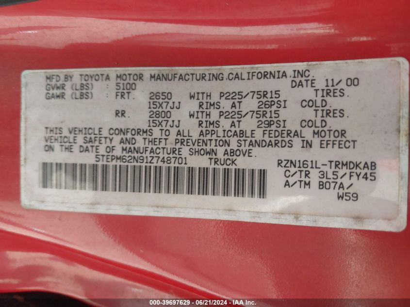 2001 Toyota Tacoma VIN: 5TEPM62N91Z748701 Lot: 39697629