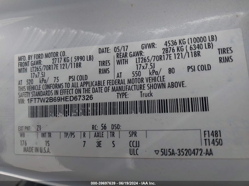 2017 Ford F-250 Xl VIN: 1FT7W2B69HED67326 Lot: 39697639