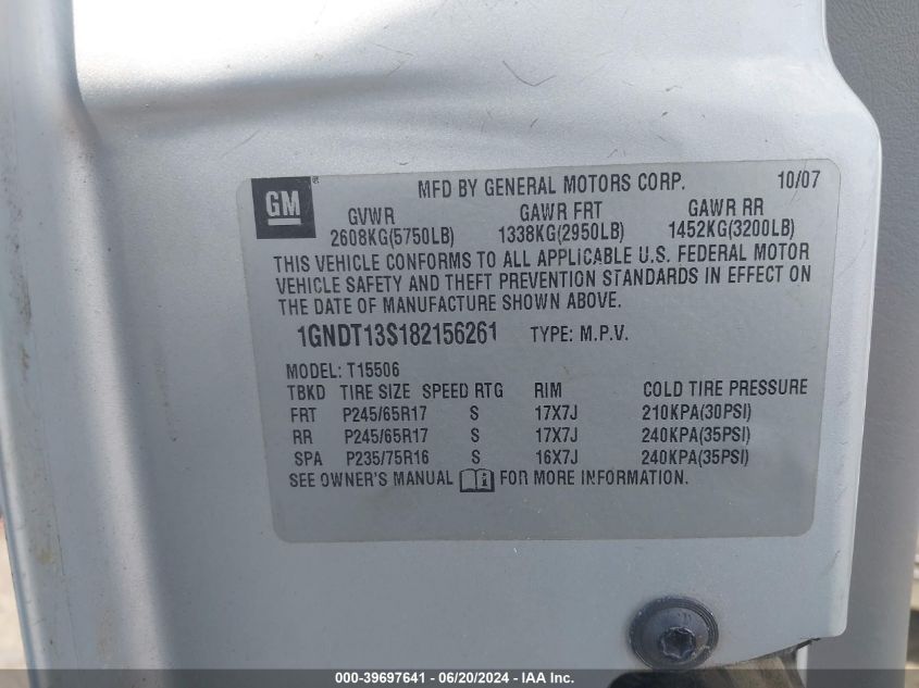 2008 Chevrolet Trailblazer Fleet VIN: 1GNDT13S182156261 Lot: 39697641