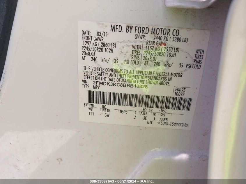 2011 Ford Edge Limited VIN: 2FMDK3KC8BBB10828 Lot: 39697643