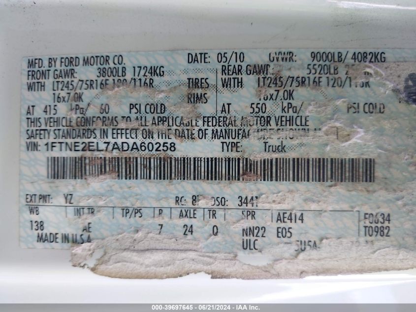 2010 Ford E-250 Commercial/Recreational VIN: 1FTNE2EL7ADA60258 Lot: 39697645