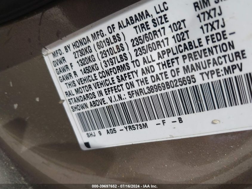 2009 Honda Odyssey Touring VIN: 5FNRL38969B025695 Lot: 39697652