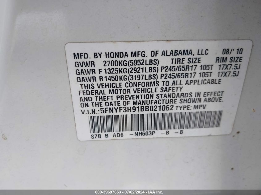 2011 Honda Pilot Touring VIN: 5FNYF3H91BB021062 Lot: 39697653