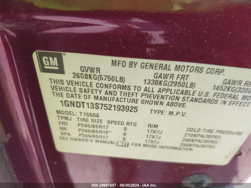 2005 Chevrolet Trailblazer Lt VIN: 1GNDT13S752193925 Lot: 39697657