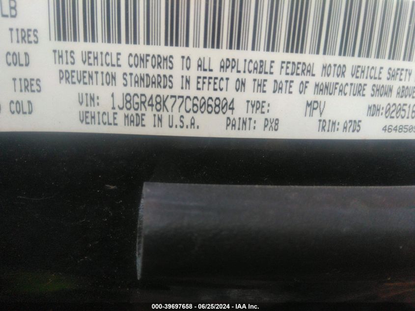 2007 Jeep Grand Cherokee Laredo/Columbia/Freedom VIN: 1J8GR48K77C606804 Lot: 39697658