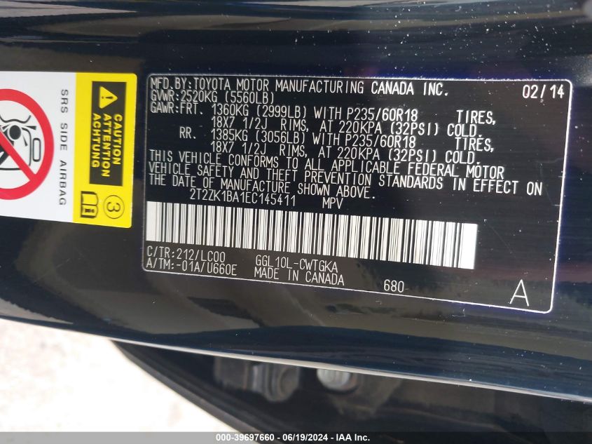 2014 Lexus Rx 350 VIN: 2T2ZK1BA1EC145411 Lot: 39697660