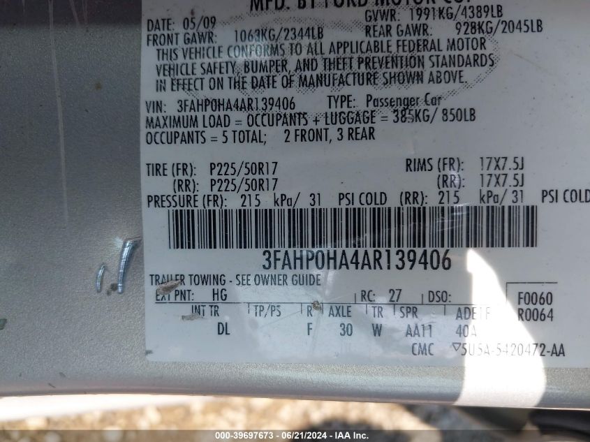 2010 Ford Fusion Se VIN: 3FAHP0HA4AR139406 Lot: 39697673