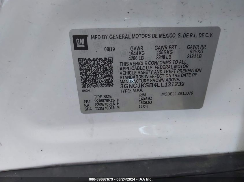 2020 Chevrolet Trax Fwd Ls VIN: 3GNCJKSB4LL131239 Lot: 39697679