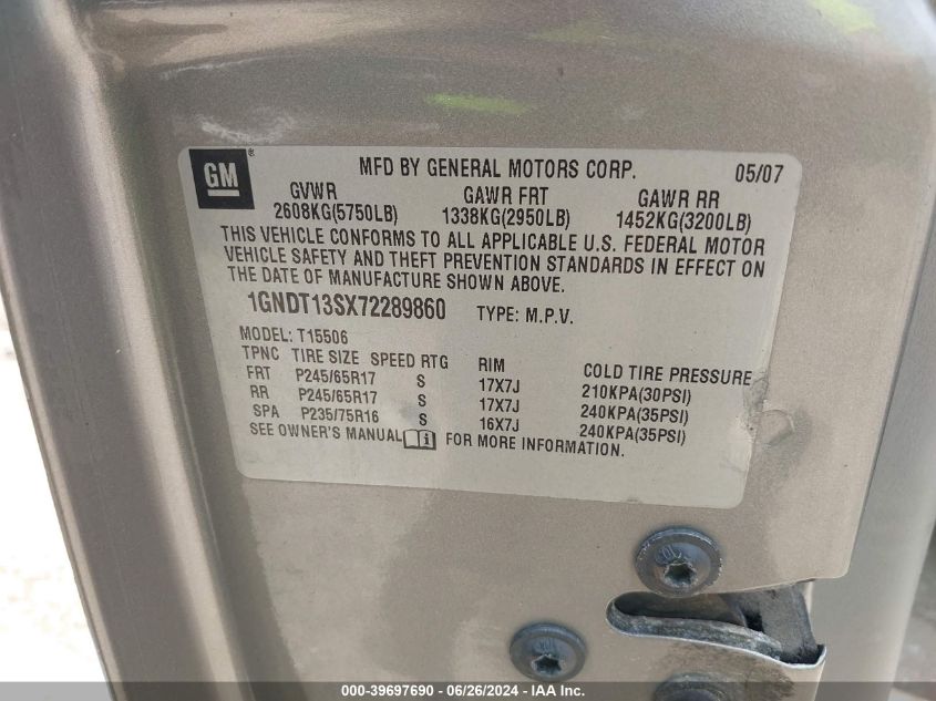2007 Chevrolet Trailblazer Ls VIN: 1GNDT13SX72289860 Lot: 39697690
