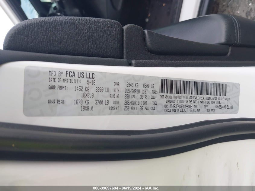 2016 Jeep Grand Cherokee Laredo VIN: 1C4RJFAG6GC426965 Lot: 39697694