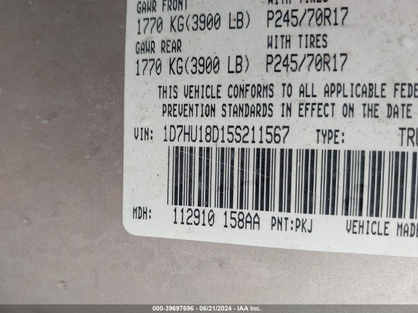2005 Dodge Ram 1500 Slt/Laramie VIN: 1D7HU18D15S211567 Lot: 39697696