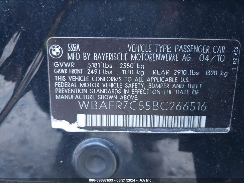 2011 BMW 535I VIN: WBAFR7C55BC266516 Lot: 39697699