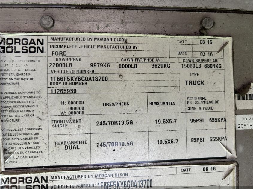 2016 Ford F-59 Commercial Stripped VIN: 1F66F5KY6G0A13700 Lot: 39697705