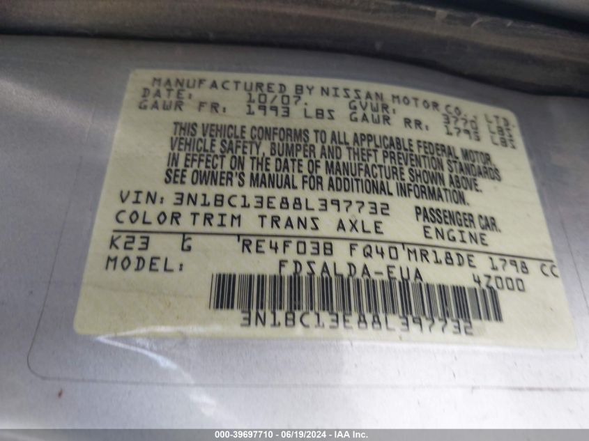 2008 Nissan Versa 1.8S VIN: 3N1BC13E88L397732 Lot: 39697710