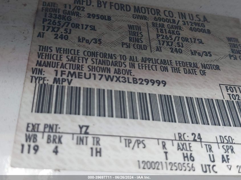 2003 Ford Expedition Eddie Bauer VIN: 1FMEU17WX3LB29999 Lot: 39697711