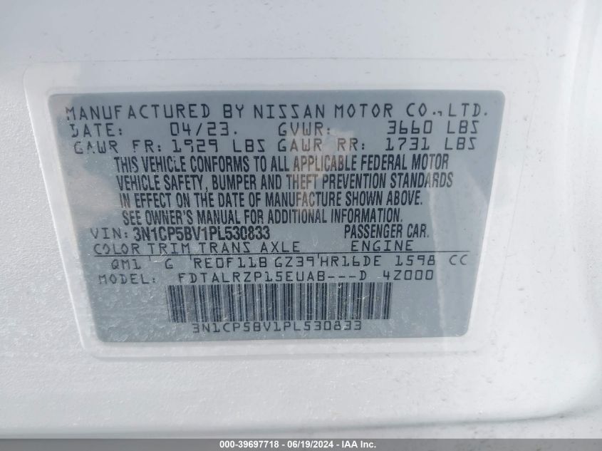 2023 Nissan Kicks S Xtronic Cvt VIN: 3N1CP5BV1PL530833 Lot: 39697718