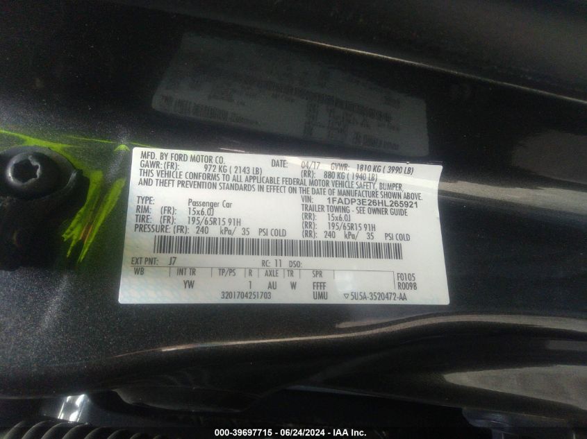 2017 Ford Focus S VIN: 1FADP3E26HL265921 Lot: 39697715