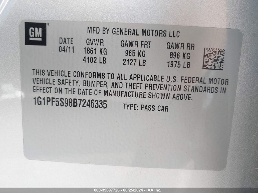 2011 Chevrolet Cruze Lt VIN: 1G1PF5S98B7246335 Lot: 39697726