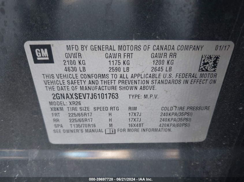 2018 Chevrolet Equinox Lt VIN: 2GNAXSEV7J6101763 Lot: 39697728