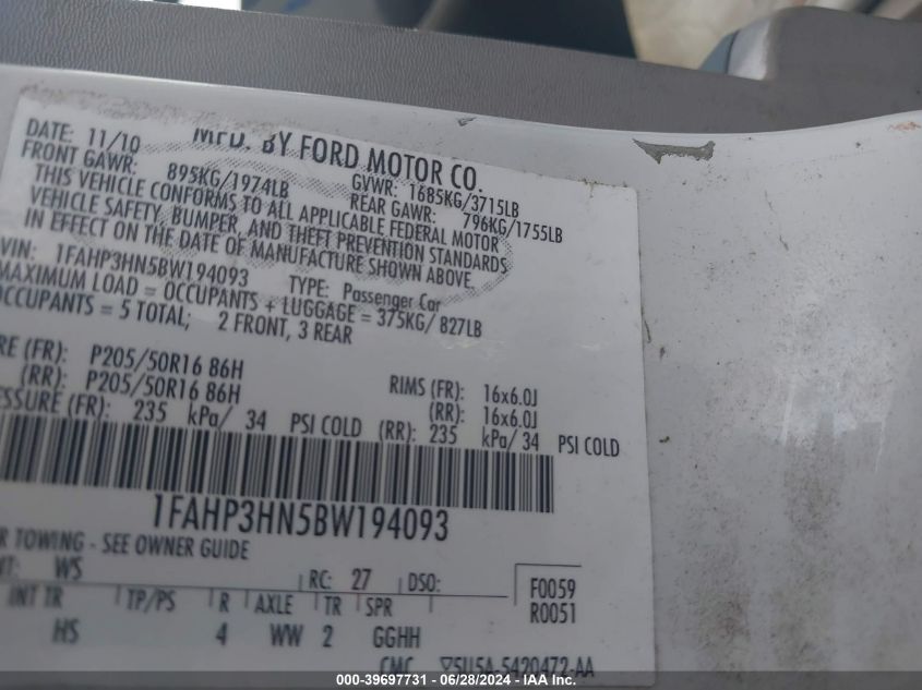 2011 Ford Focus Sel VIN: 1FAHP3HN5BW194093 Lot: 39697731