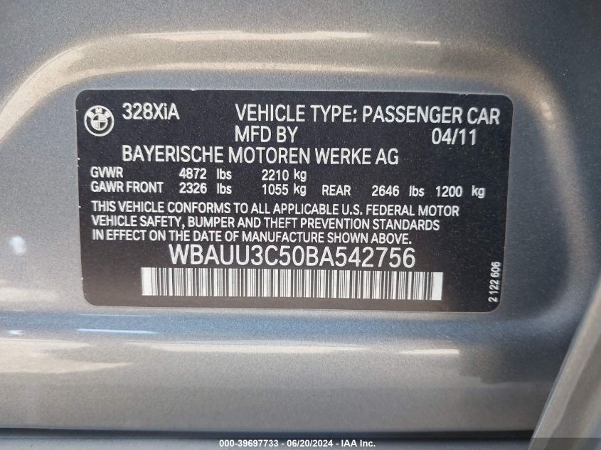 2011 BMW 328I xDrive VIN: WBAUU3C50BA542756 Lot: 39697733