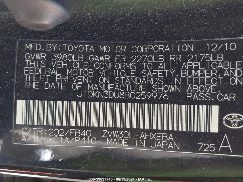 2011 Toyota Prius Two VIN: JTDKN3DU8B0259976 Lot: 39697740