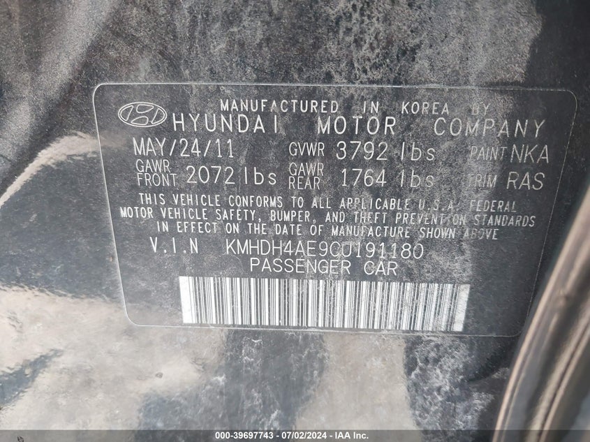 2012 Hyundai Elantra Gls (Ulsan Plant) VIN: KMHDH4AE9CU191180 Lot: 39697743