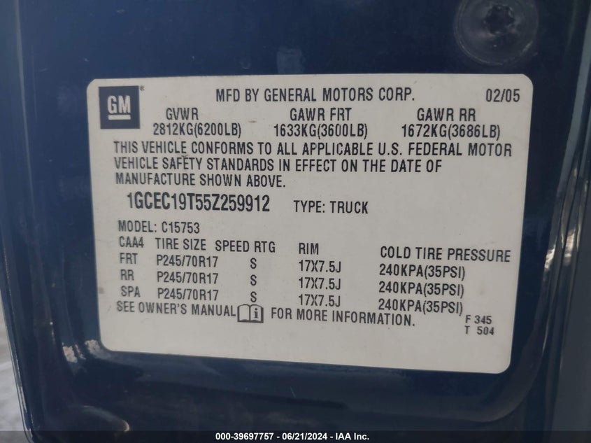 2005 Chevrolet Silverado 1500 Ls VIN: 1GCEC19T55Z259912 Lot: 39697757