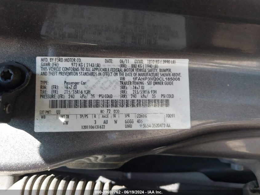 2012 Ford Focus Sel VIN: 1FAHP3M20CL185008 Lot: 39697762