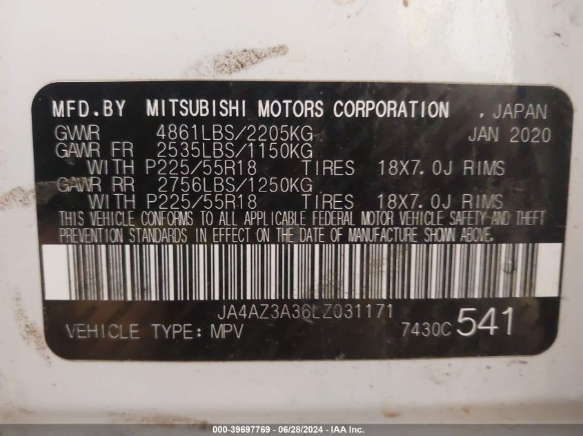 2020 Mitsubishi Outlander Sel 2.4 S-Awc VIN: JA4AZ3A36LZ031171 Lot: 39697769