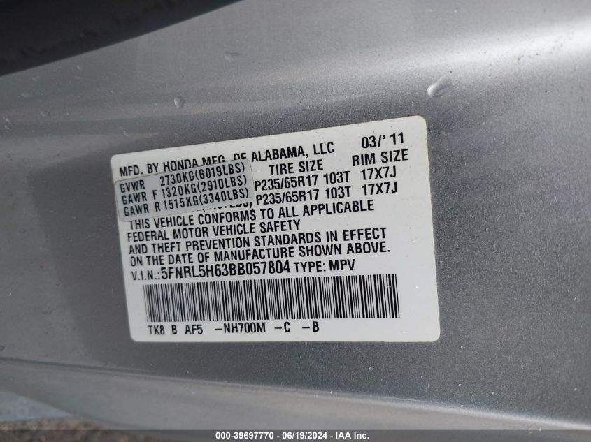 2011 Honda Odyssey Ex-L VIN: 5FNRL5H63BB057804 Lot: 39697770