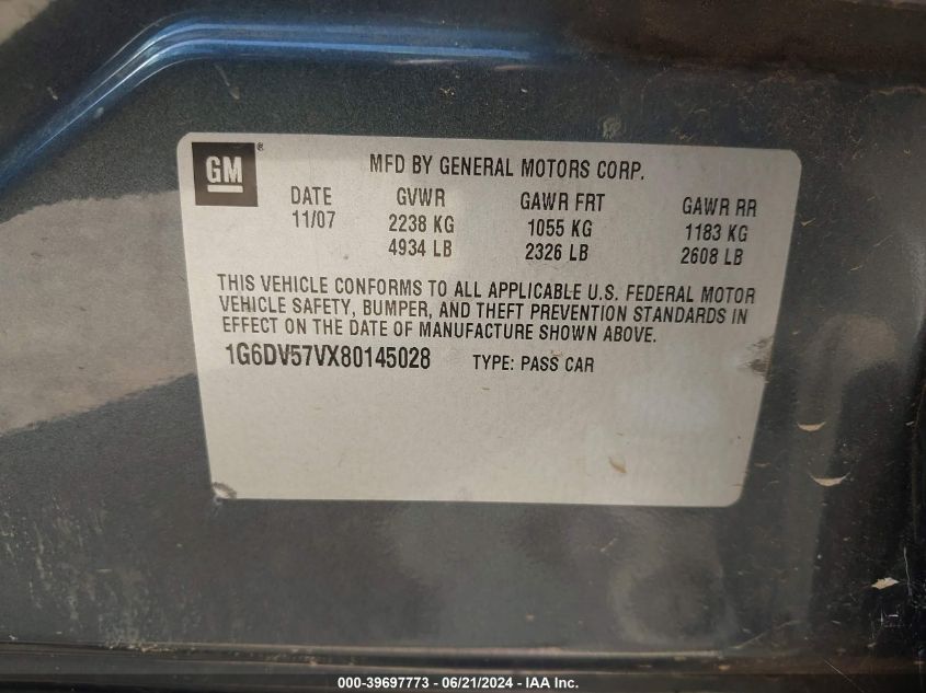 2008 Cadillac Cts Hi Feature V6 VIN: 1G6DV57VX80145028 Lot: 39697773