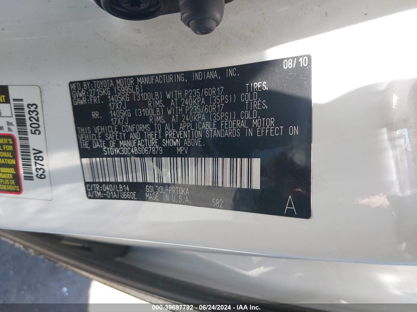 2011 Toyota Sienna Xle V6 VIN: 5TDYK3DC4BS067879 Lot: 39697792