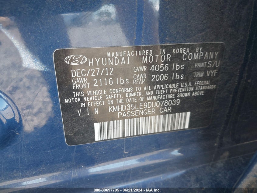 2013 Hyundai Elantra Gt VIN: KMHD35LE9DU078039 Lot: 39697795