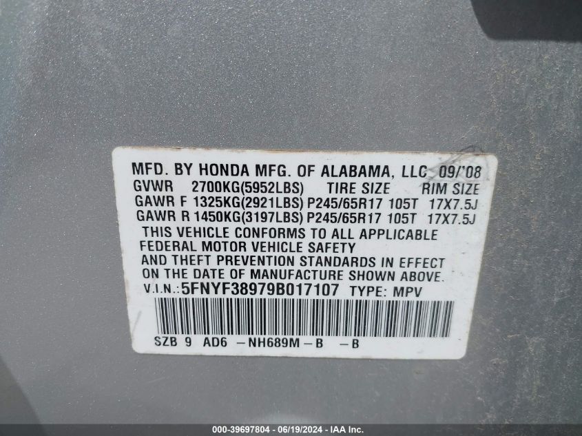 2009 Honda Pilot Touring VIN: 5FNYF38979B017107 Lot: 39697804