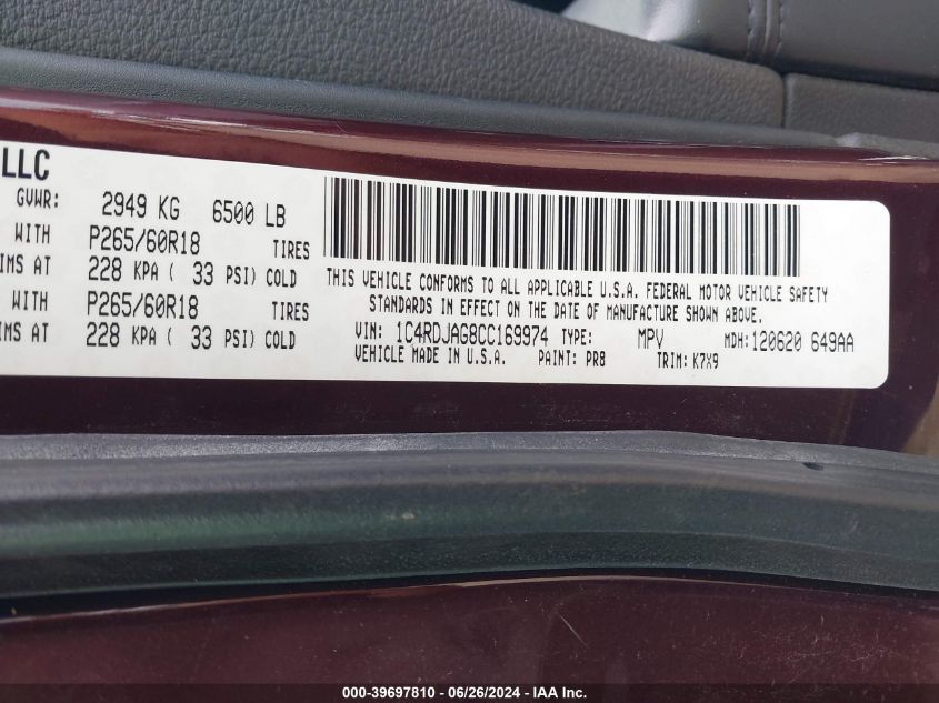 2012 Dodge Durango Sxt VIN: 1C4RDJAG8CC169974 Lot: 39697810